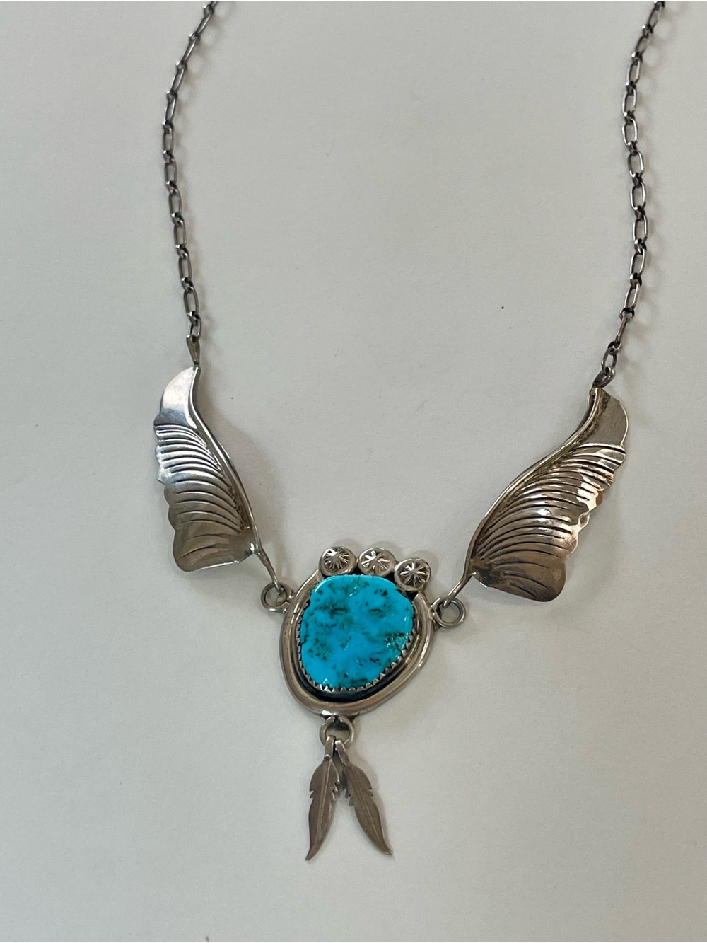 Vintage Navajo Sterling Silver Wing and Turquoise Drop Necklace / signed M